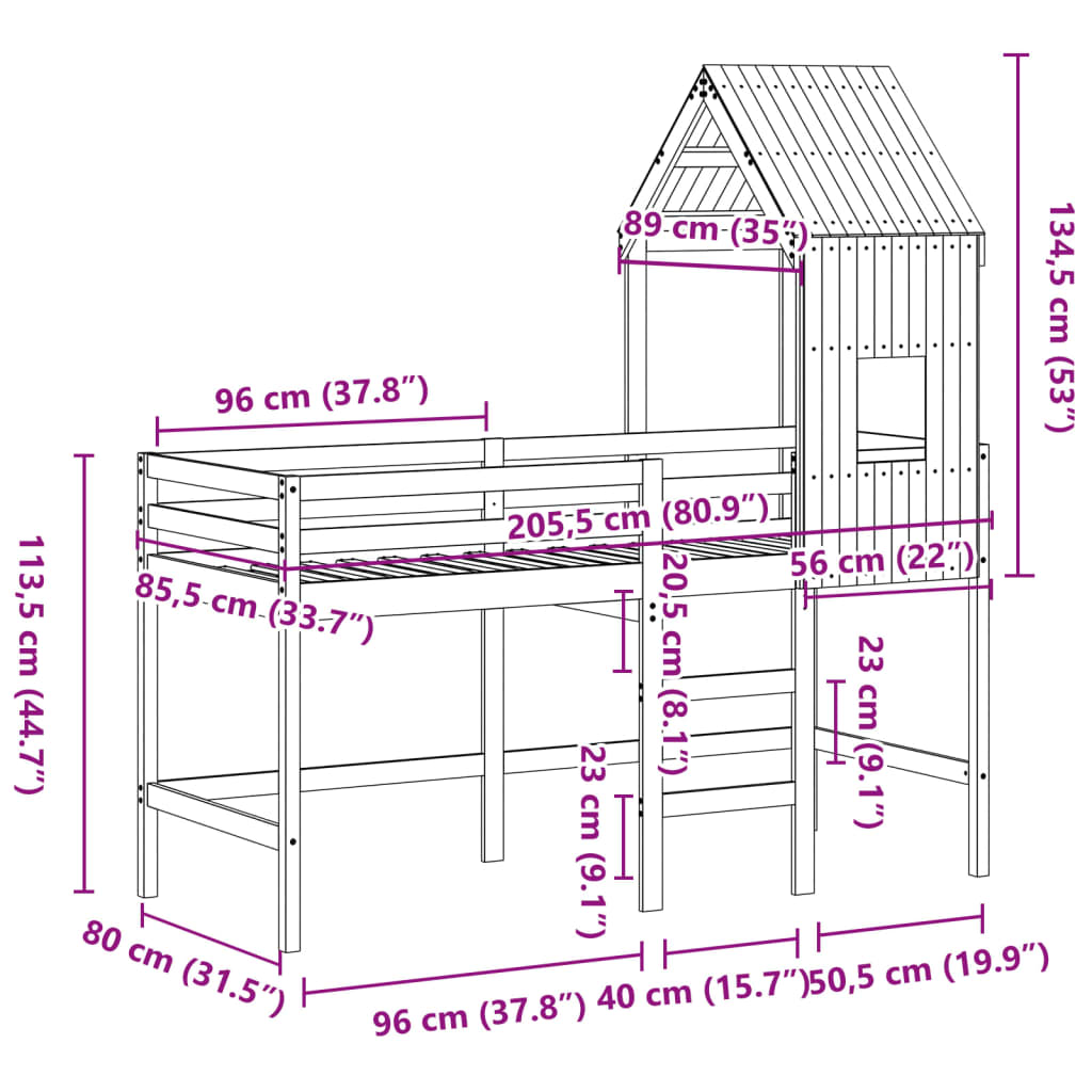 vidaXL Halfhoogslaper met ladder en bedhuis grenenhout 80x200 cm