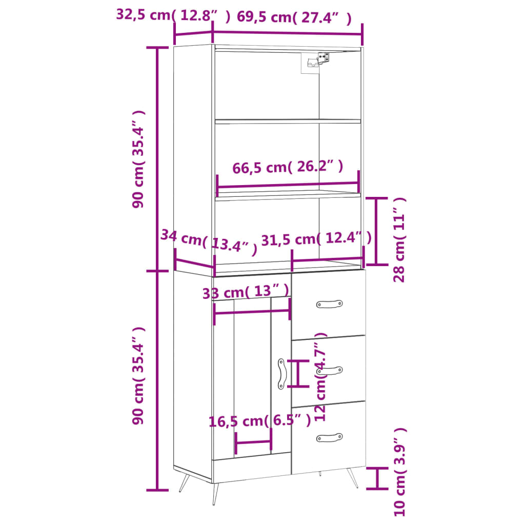 vidaXL Hoge kast 69,5x34x180 cm bewerkt hout betongrijs