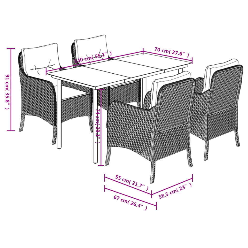 vidaXL 5-delige Tuinset met kussens poly rattan zwart