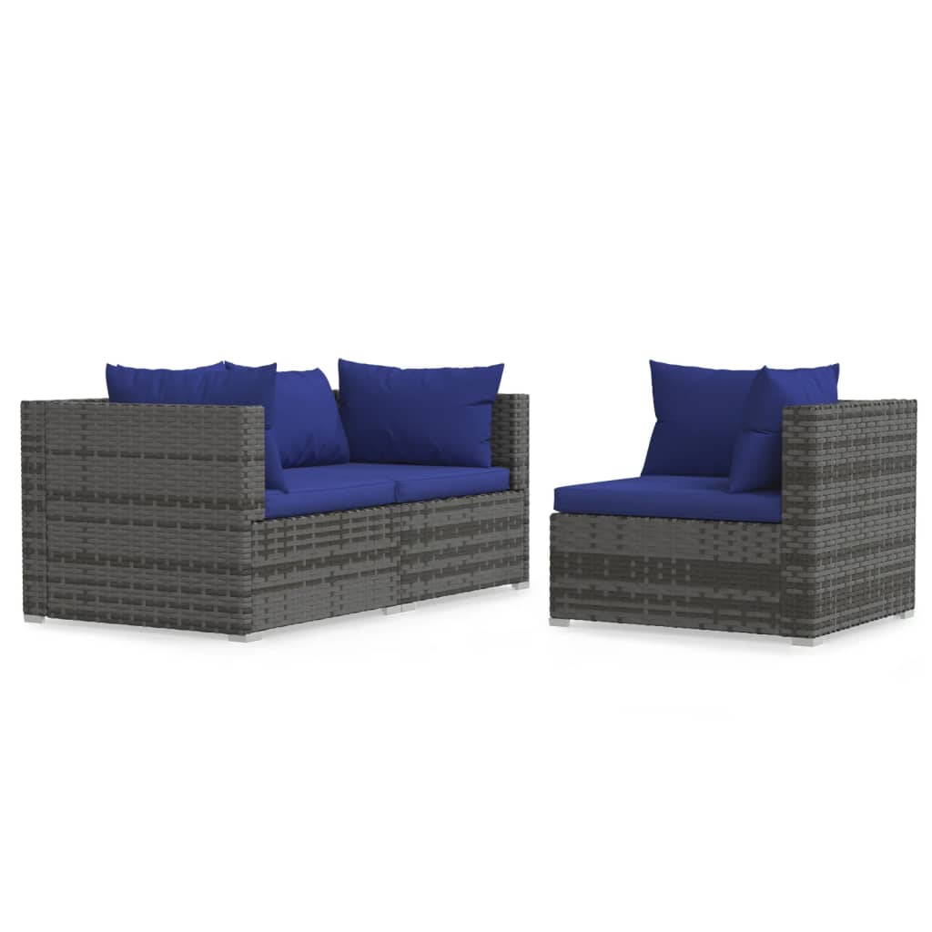 vidaXL 3-delige Loungeset met kussens poly rattan grijs