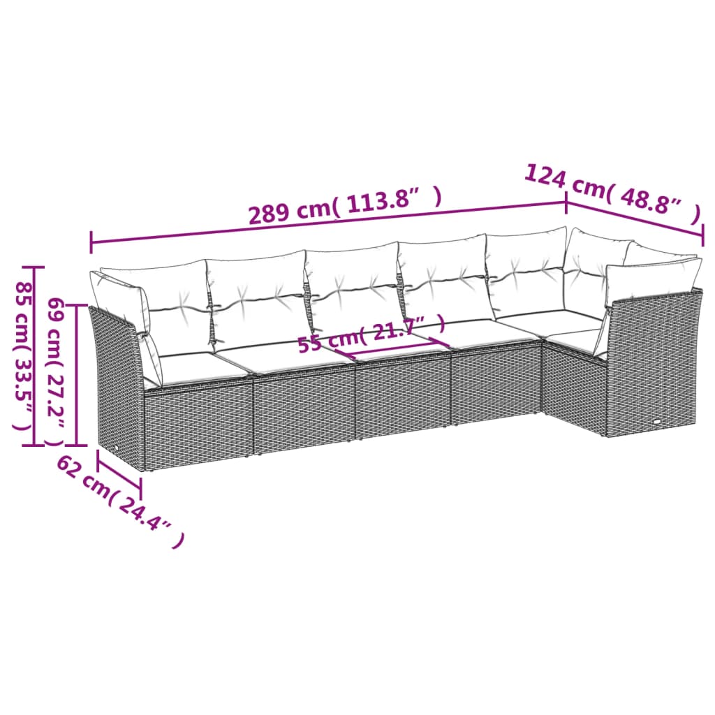 vidaXL 6-delige Loungeset met kussens poly rattan bruin