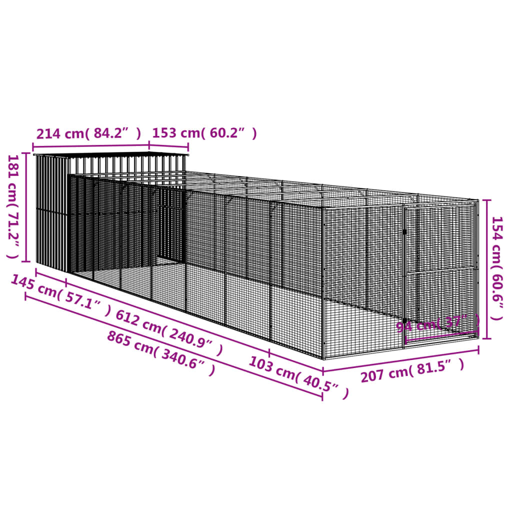 vidaXL Hondenhok met ren 214x865x181 cm gegalvaniseerd staal antraciet