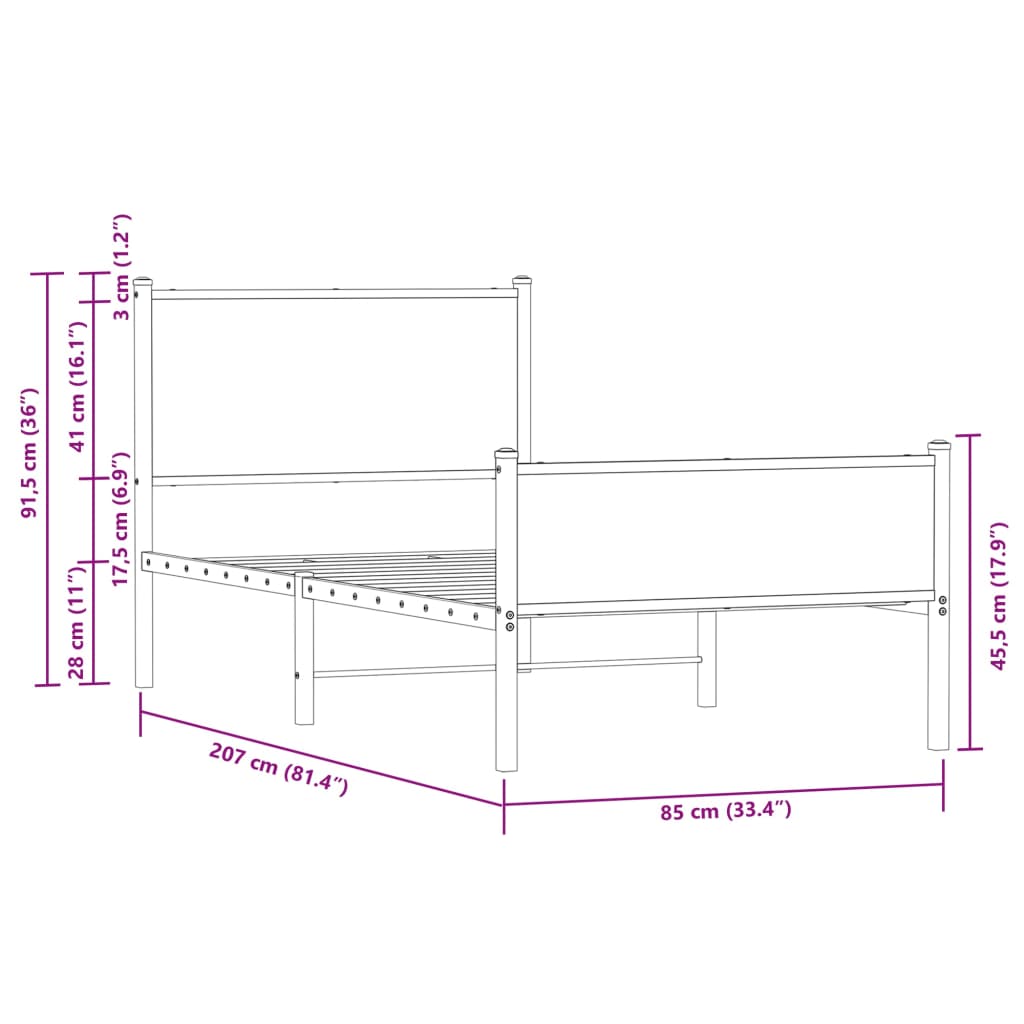 vidaXL Bedframe hoofd- en voeteneinde metaal bruin eiken 80x200 cm