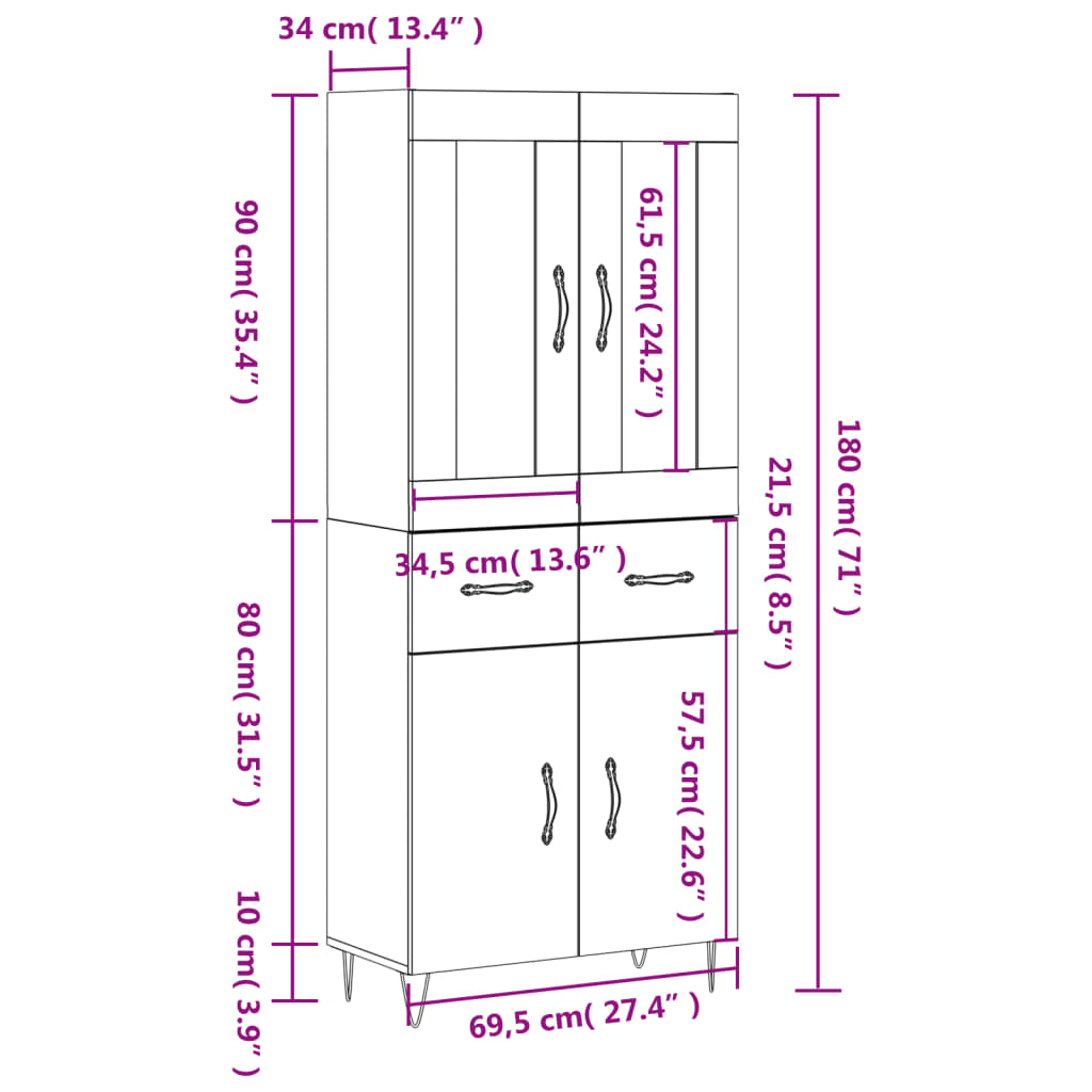 vidaXL Hoge kast 69,5x34x180 cm bewerkt hout bruin eikenkleur