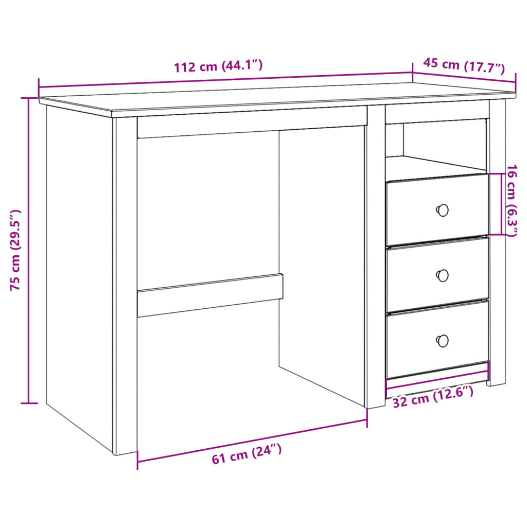 vidaXL Bureau Panama 112x45x75 cm massief grenenhout