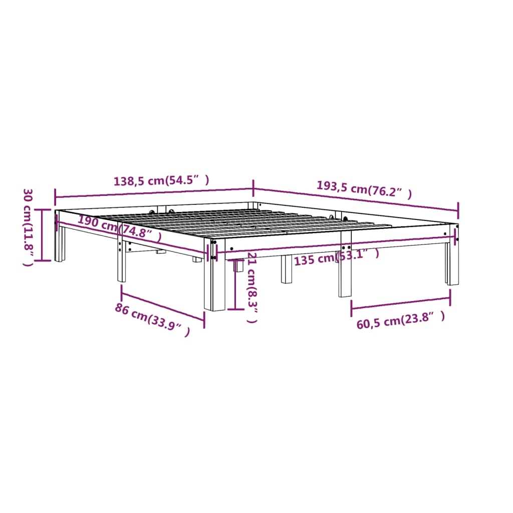 vidaXL Bedframe massief hout zwart 135x190 cm