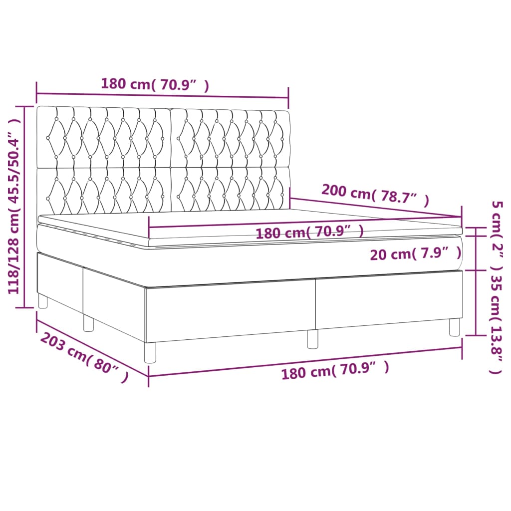 vidaXL Boxspring met matras en LED stof lichtgrijs 180x200 cm