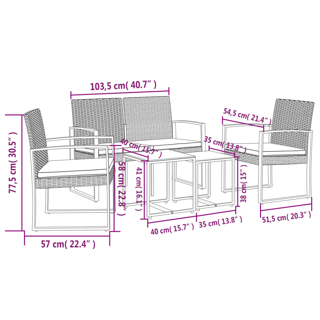 vidaXL 5-delige Tuinset met kussens polypropeen rattan zwart