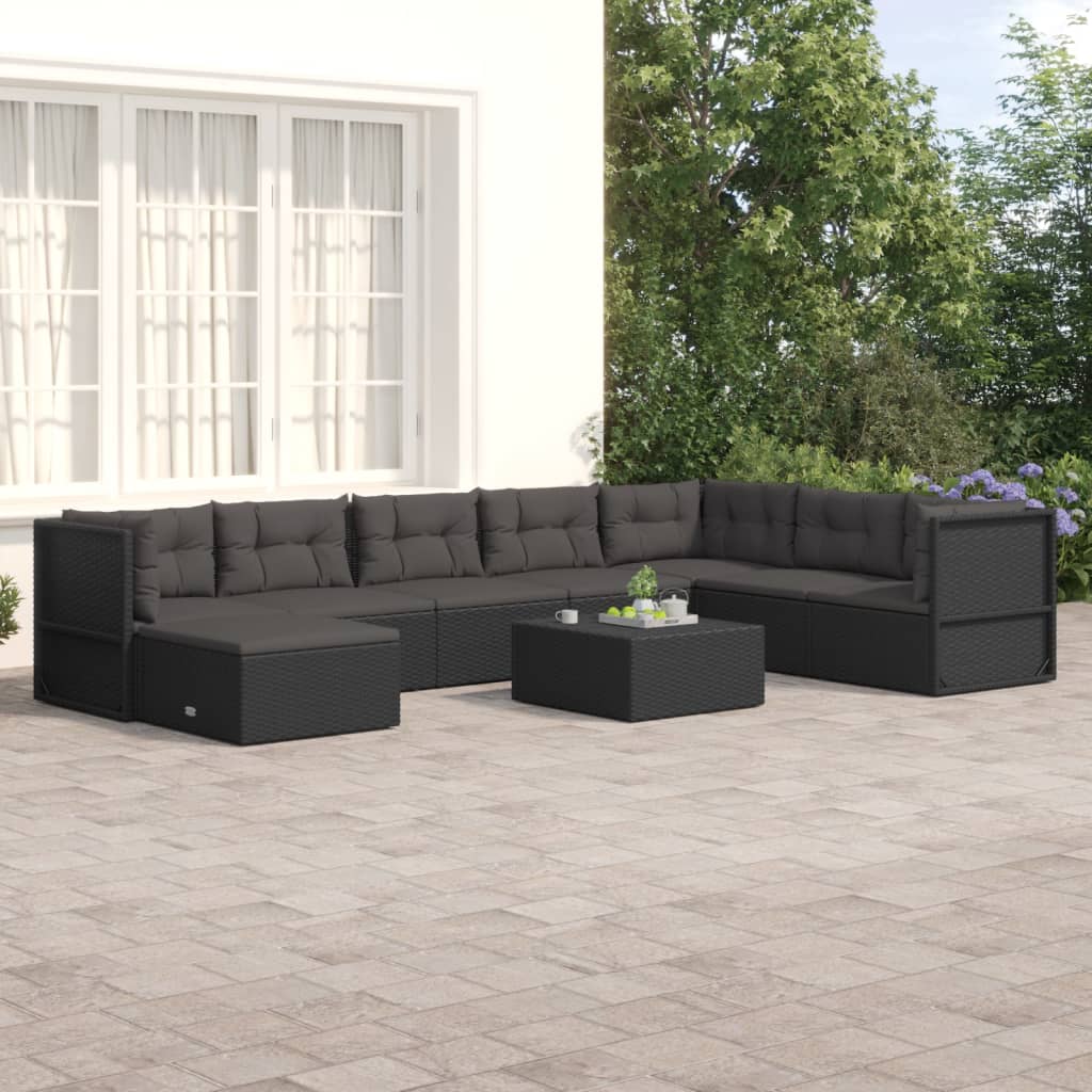 vidaXL 8-delige Loungeset met kussens poly rattan zwart