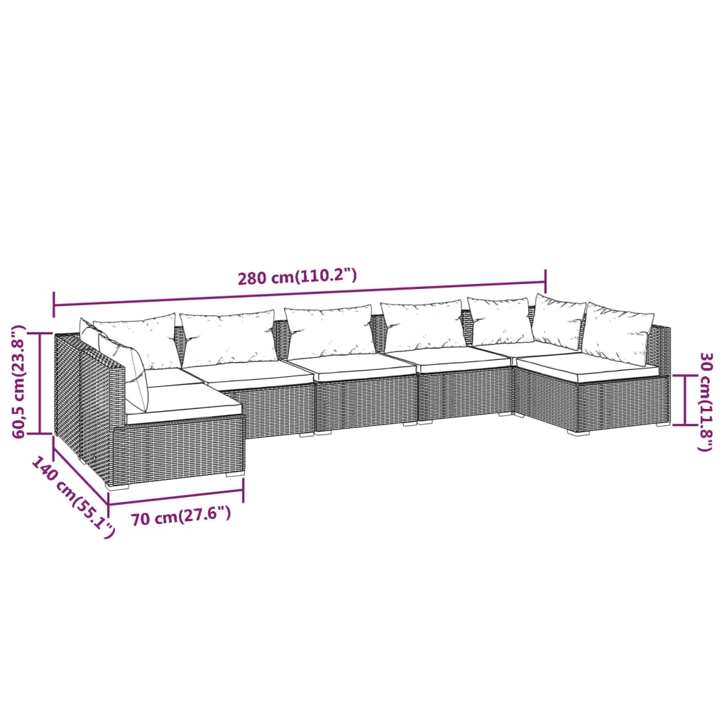 vidaXL 7-delige Loungeset met kussens poly rattan grijs