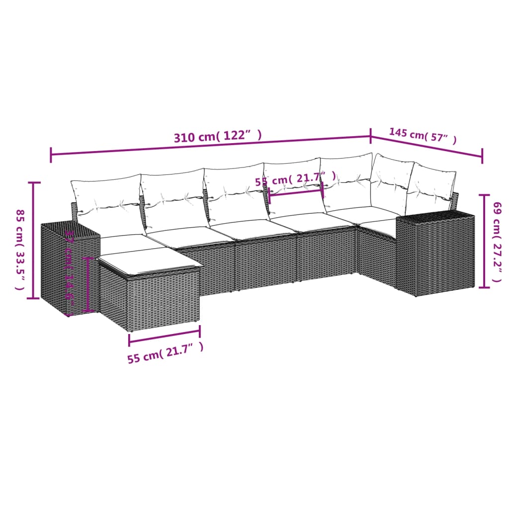 vidaXL 7-delige Loungeset met kussens poly rattan beige