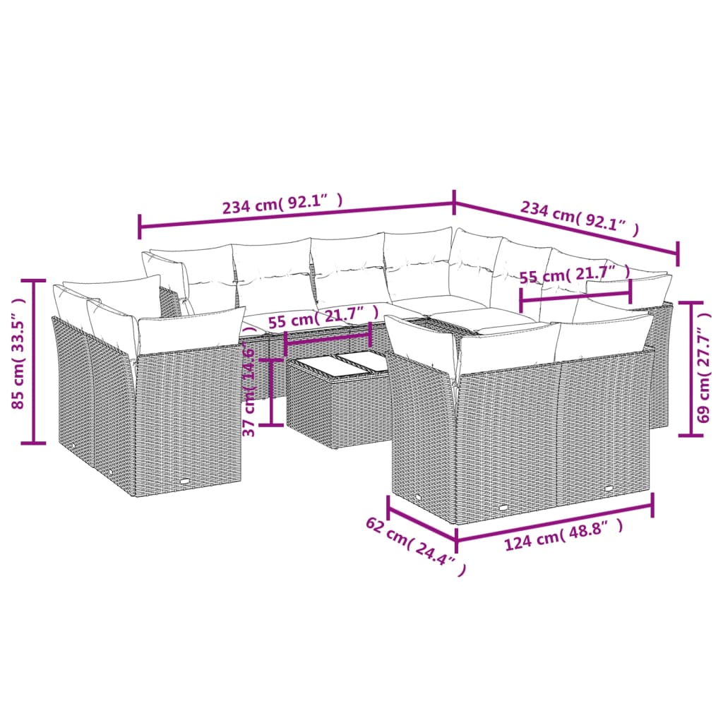 vidaXL 12-delige Loungeset met kussens poly rattan zwart