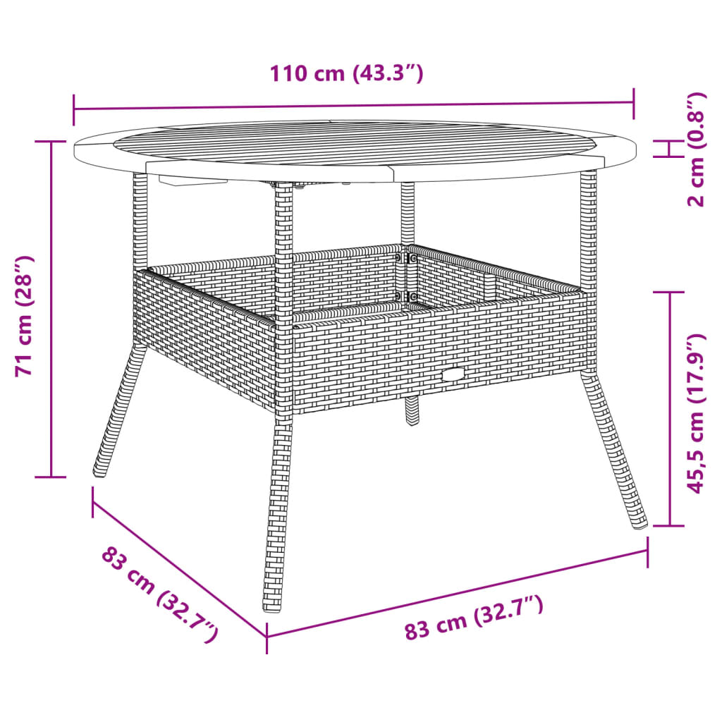 vidaXL Tuintafel met acaciahouten blad Ø110x71 cm poly rattan beige