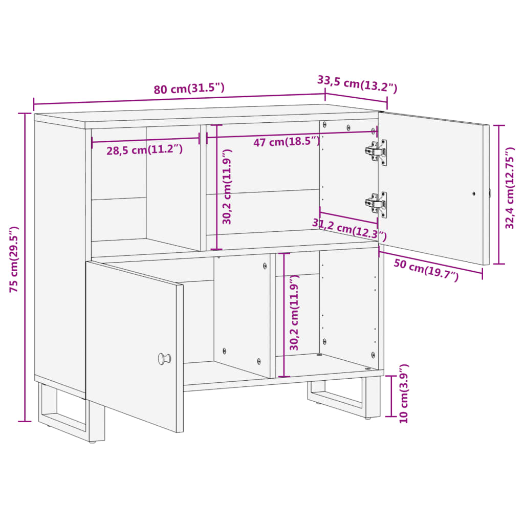 vidaXL Dressoir 80x33,5x75 cm massief mangohout bruin en zwart