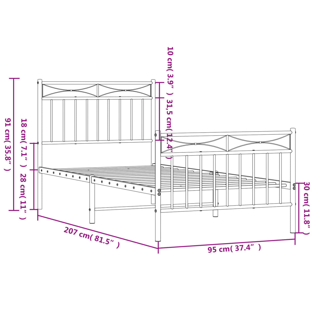 vidaXL Bedframe met hoofd- en voeteneinde metaal zwart 90x200 cm