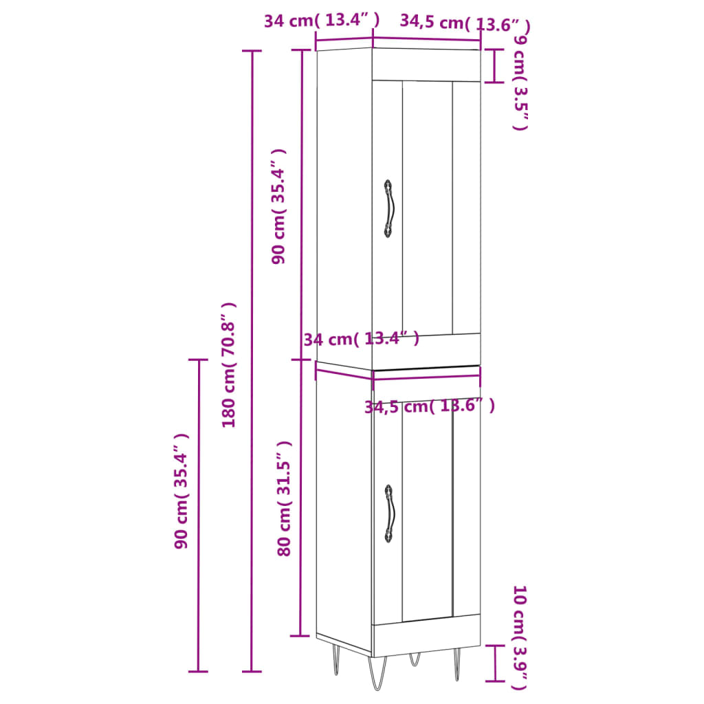 vidaXL Hoge kast 34,5x34x180 cm bewerkt hout betongrijs