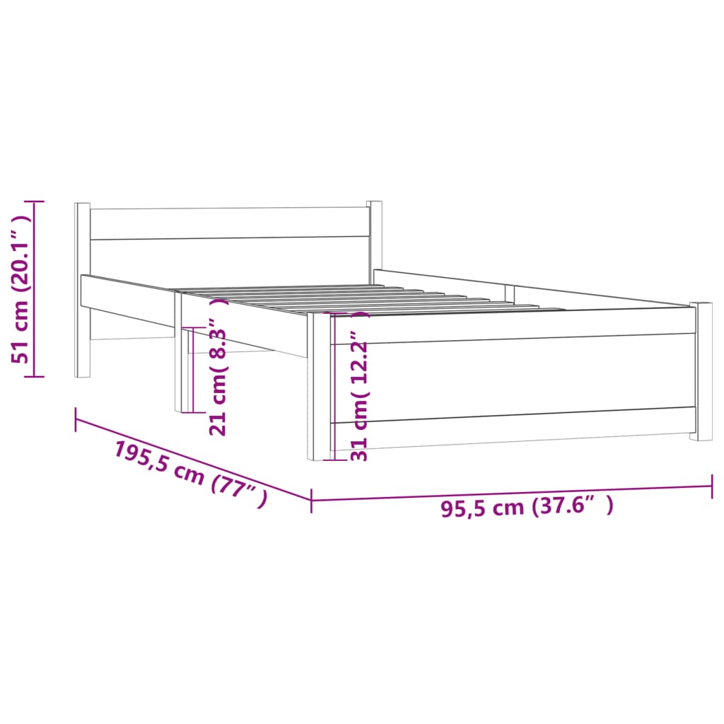 vidaXL Bedframe massief hout wit 90x190 cm