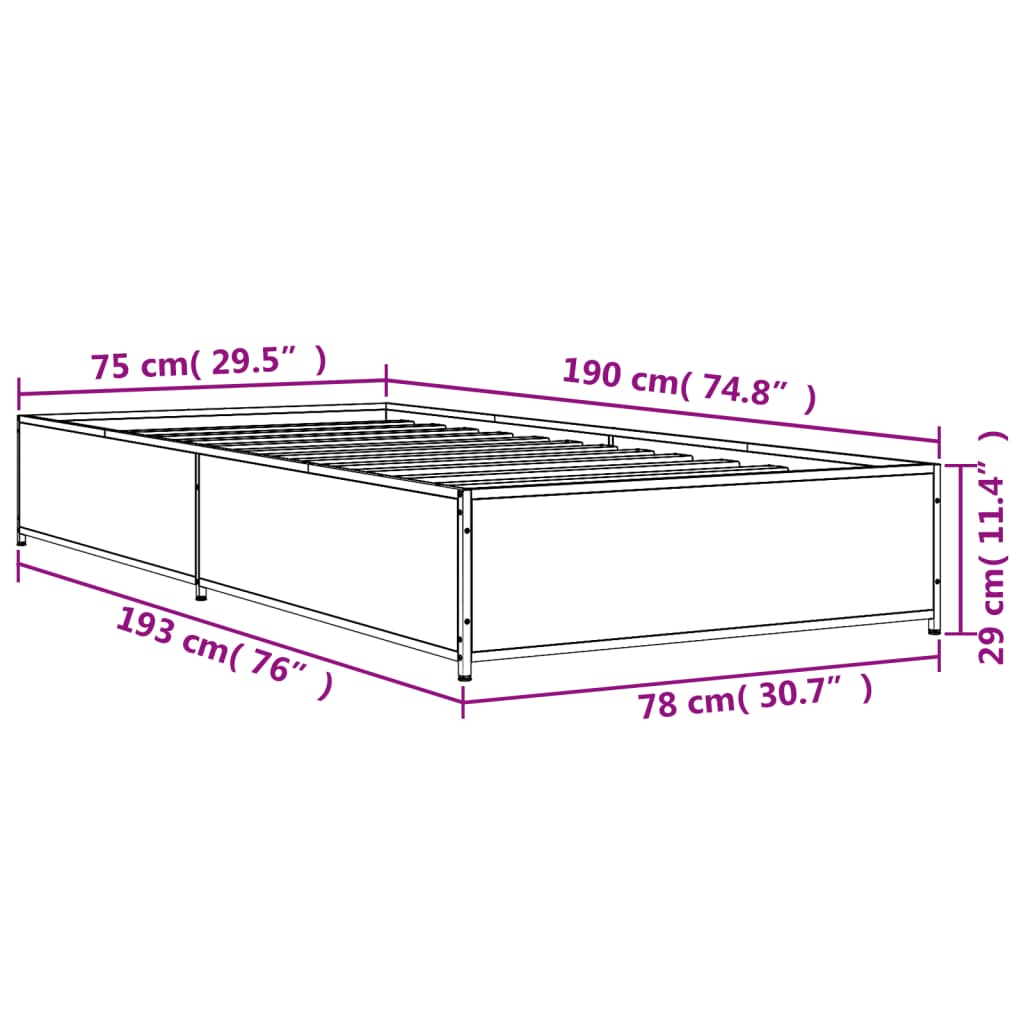 vidaXL Bedframe bewerkt hout en metaal sonoma eikenkleurig 75x190 cm