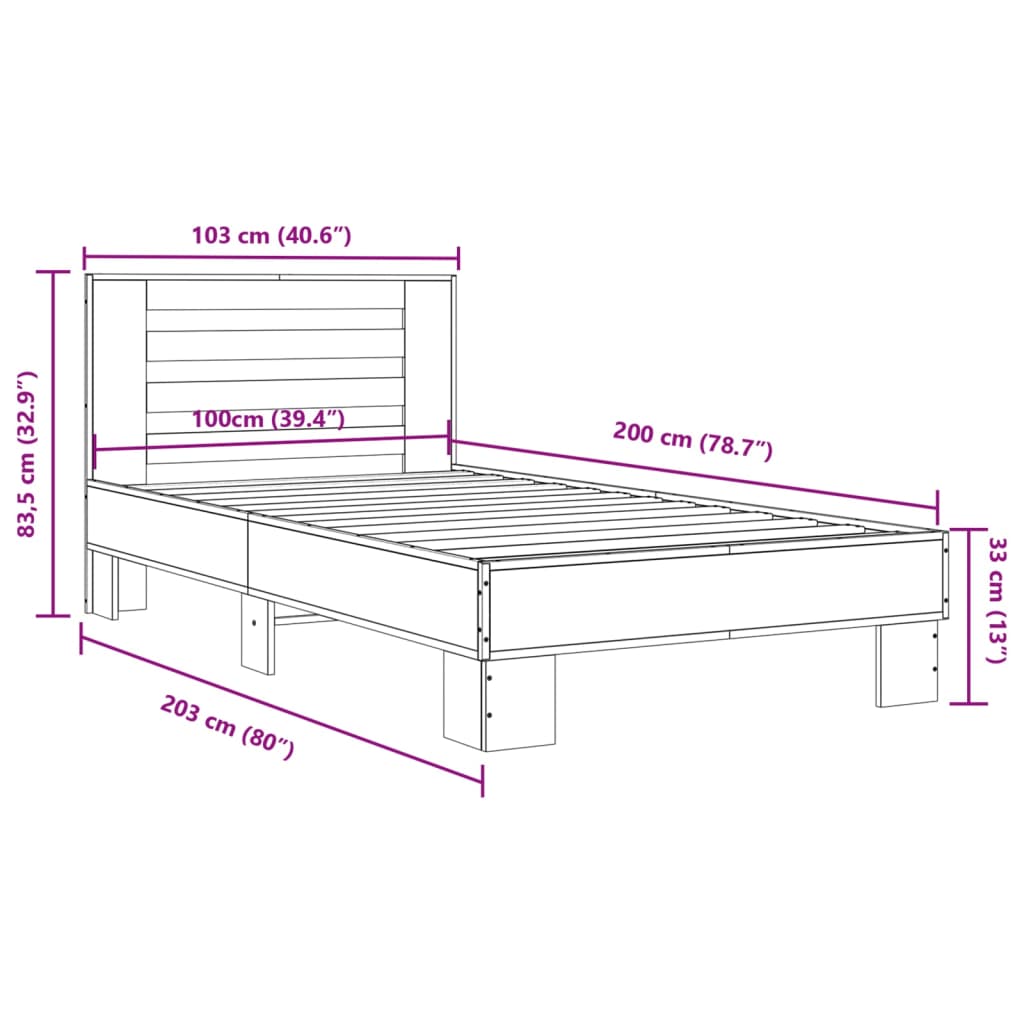 vidaXL Bedframe bewerkt hout en metaal gerookt eikenkleurig 100x200 cm