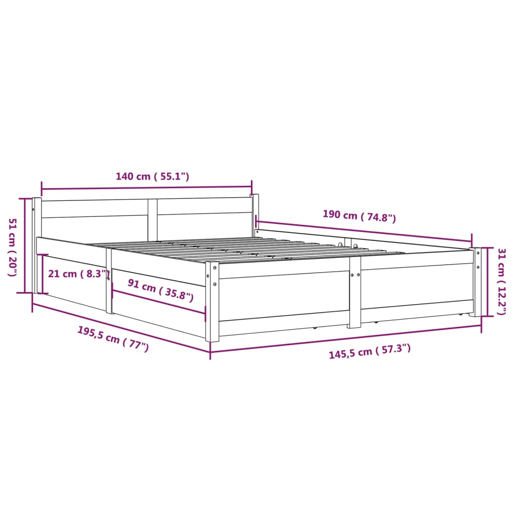 vidaXL Bedframe met lades zwart 140x190 cm