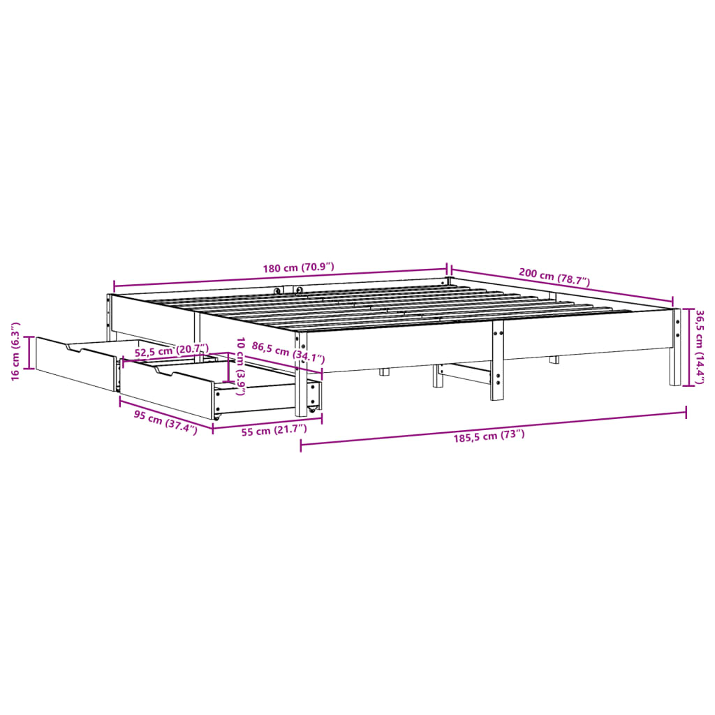 vidaXL Bedframe zonder matras massief grenenhout wit 180x200 cm