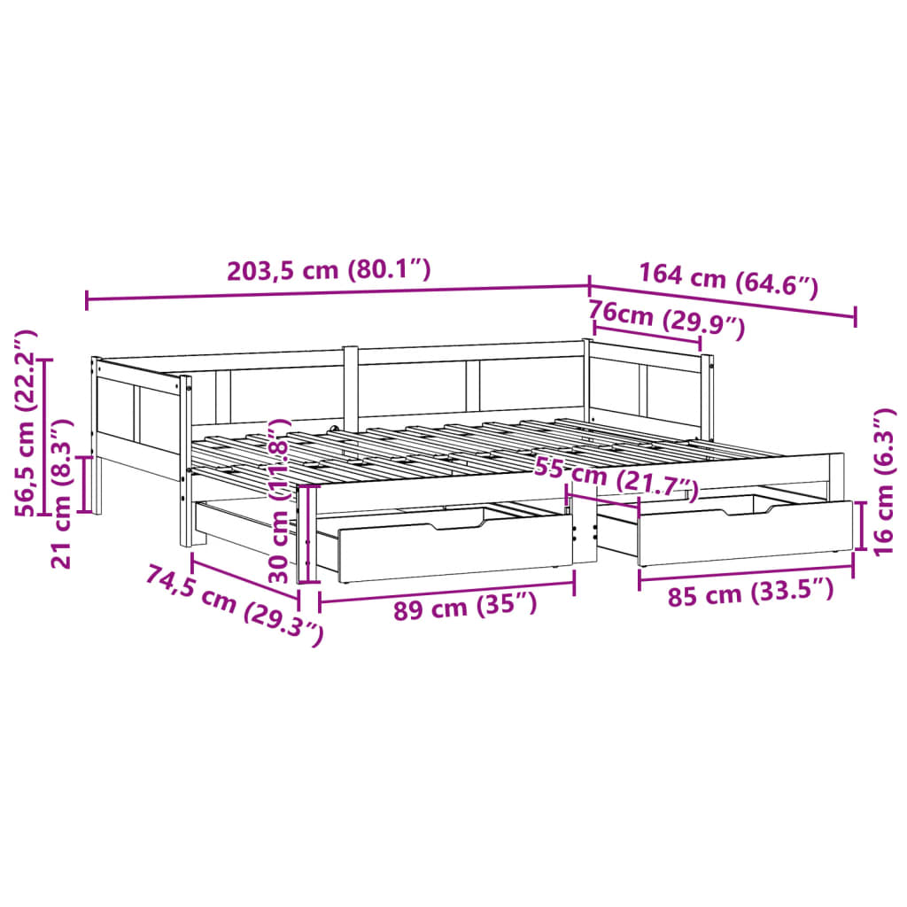 vidaXL Slaapbank met onderschuifbed en lades 80x200 cm grenenhout wit