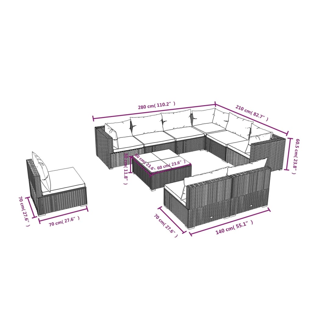 vidaXL 10-delige Loungeset met kussens poly rattan bruin