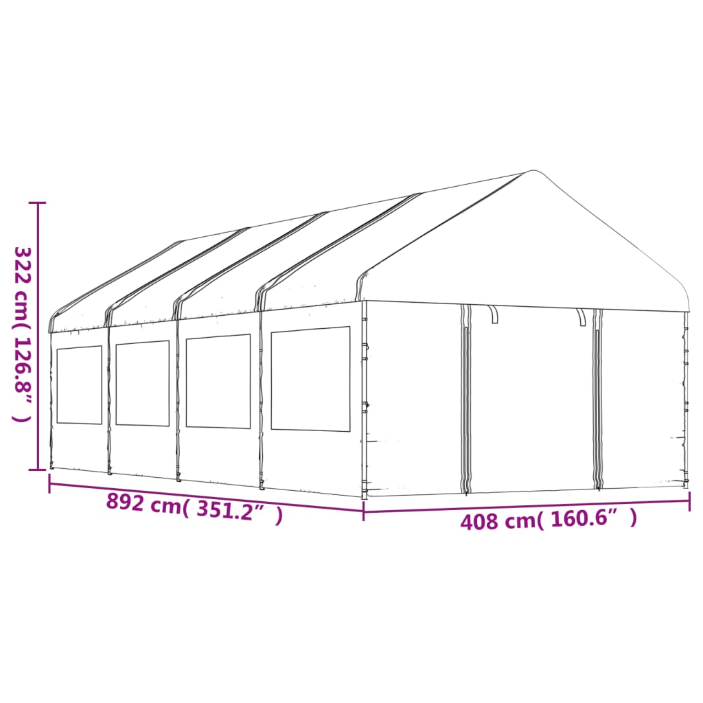 vidaXL Prieel met dak 8,92x4,08x3,22 m polyetheen wit