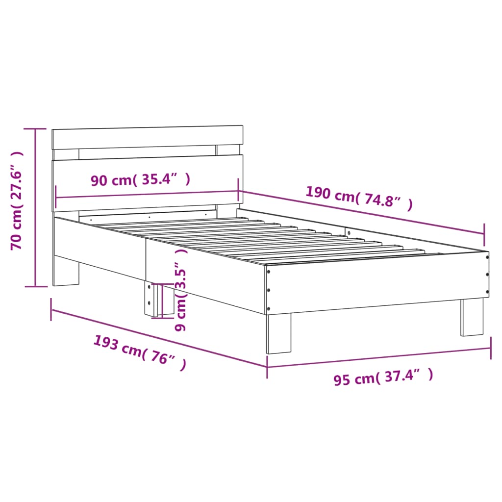 vidaXL Bedframe met hoofdbord en LED-verlichting betongrijs 90x190 cm