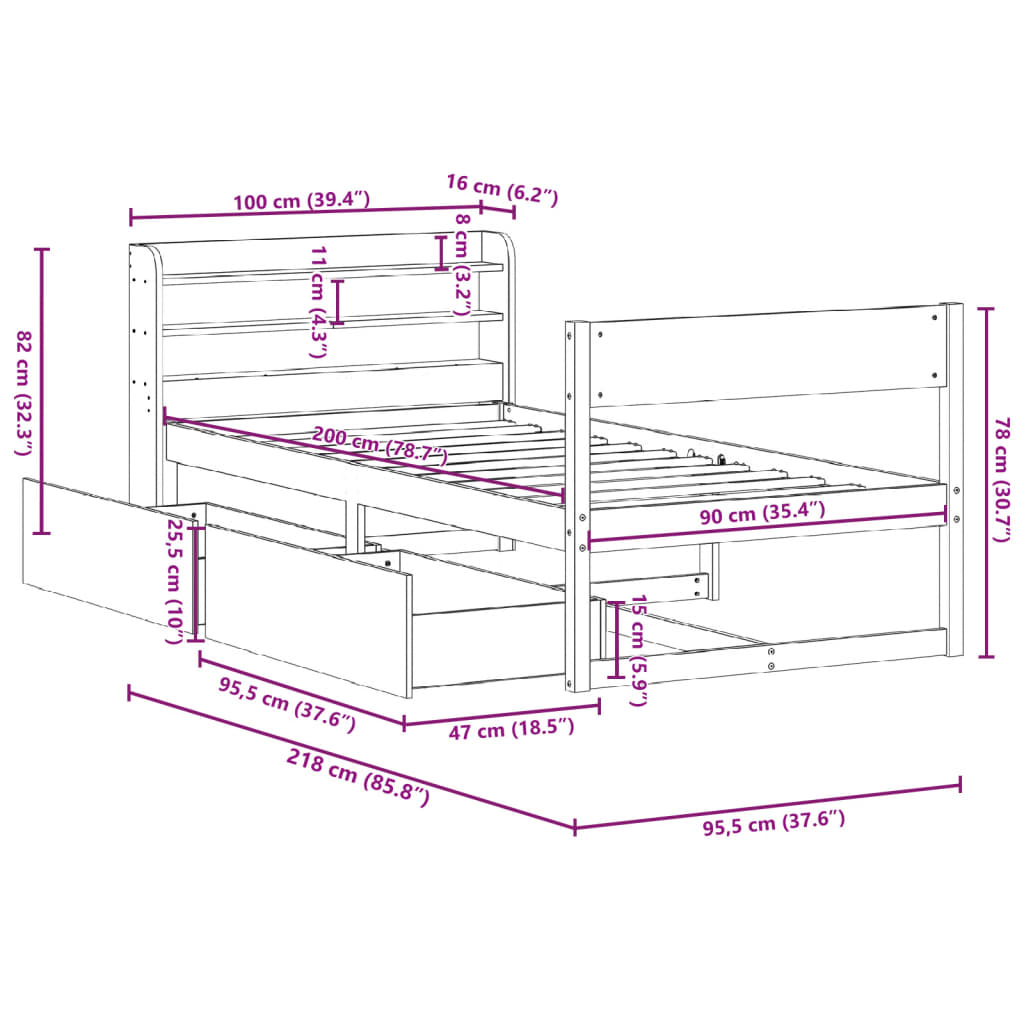 vidaXL Bedframe zonder matras massief grenenhout wit 90x200 cm