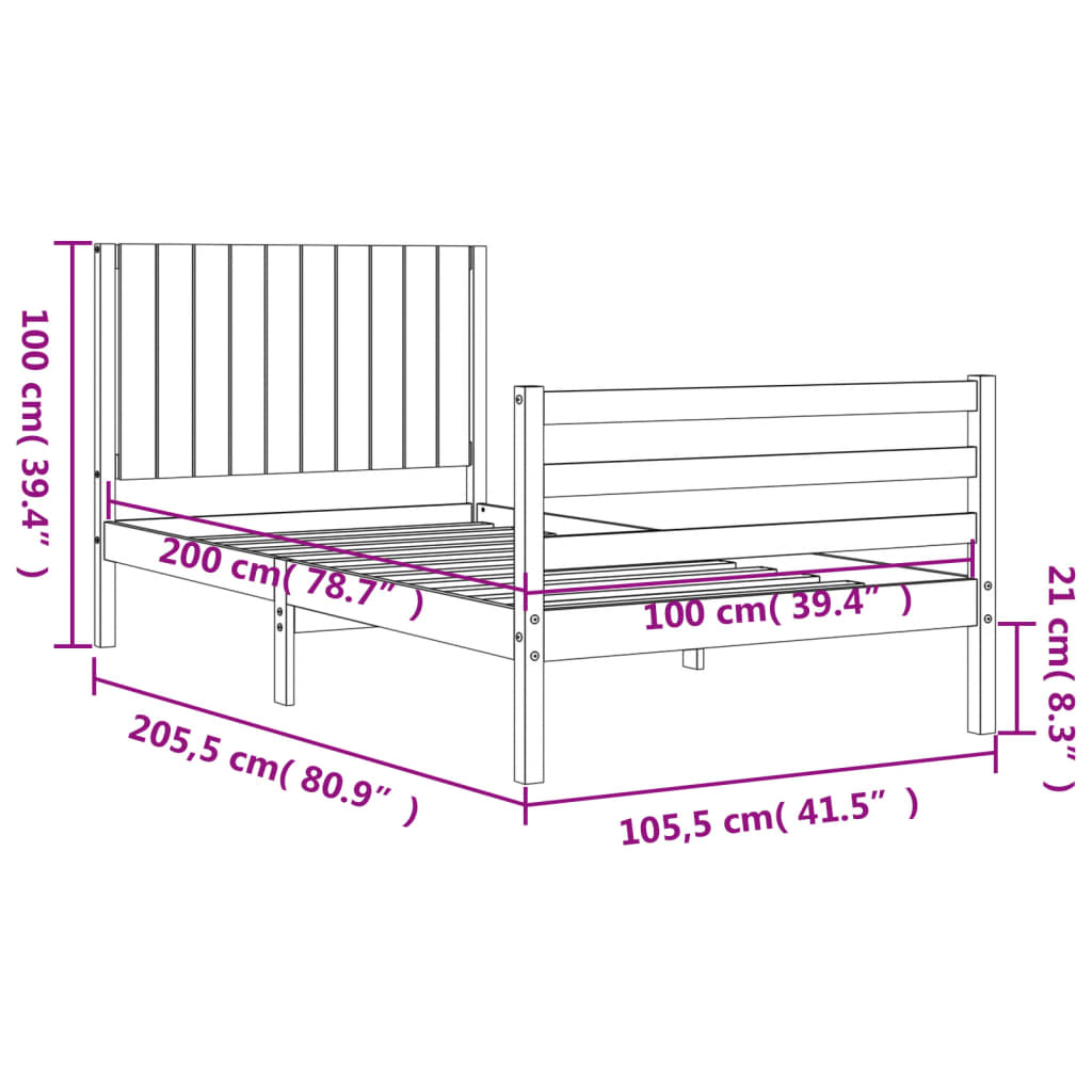 vidaXL Bedframe met hoofdbord massief hout 100x200 cm