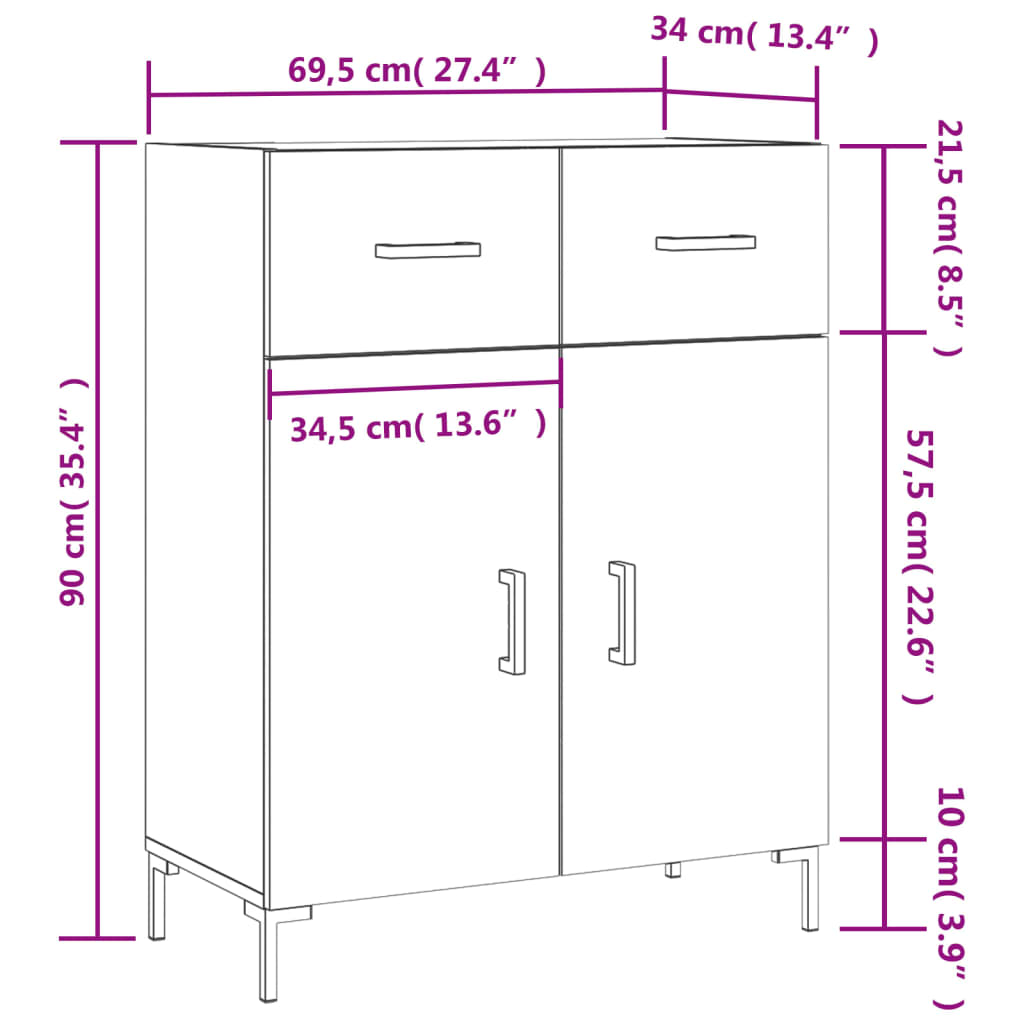 vidaXL Dressoir 69,5x34x90 cm bewerkt hout hoogglans wit