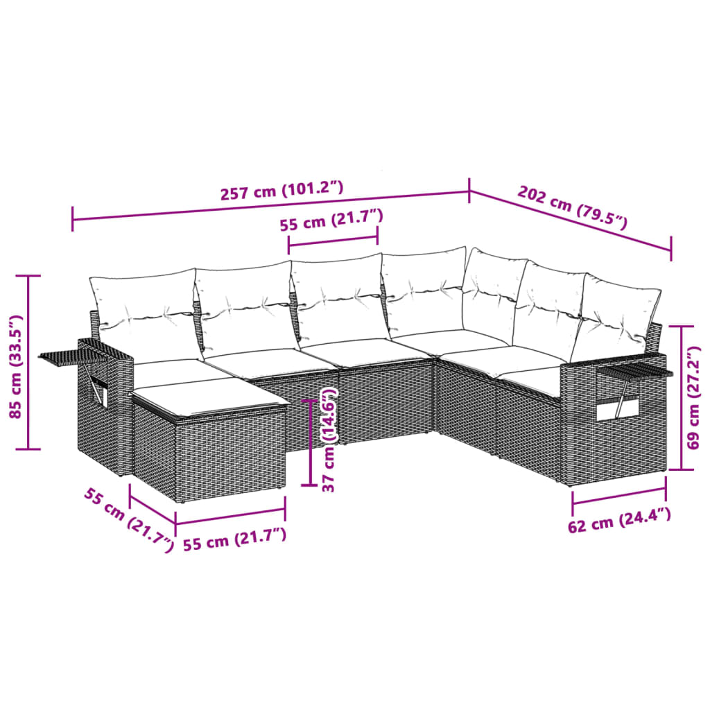 vidaXL 7-delige Loungeset met kussens poly rattan lichtgrijs