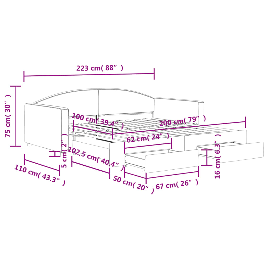 vidaXL Slaapbank met onderschuifbed en lades 100x200 cm stof zwart