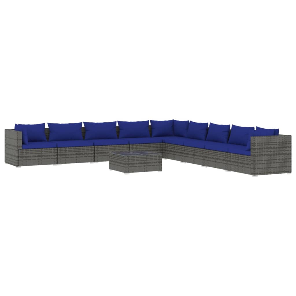 vidaXL 10-delige Loungeset met kussens poly rattan grijs