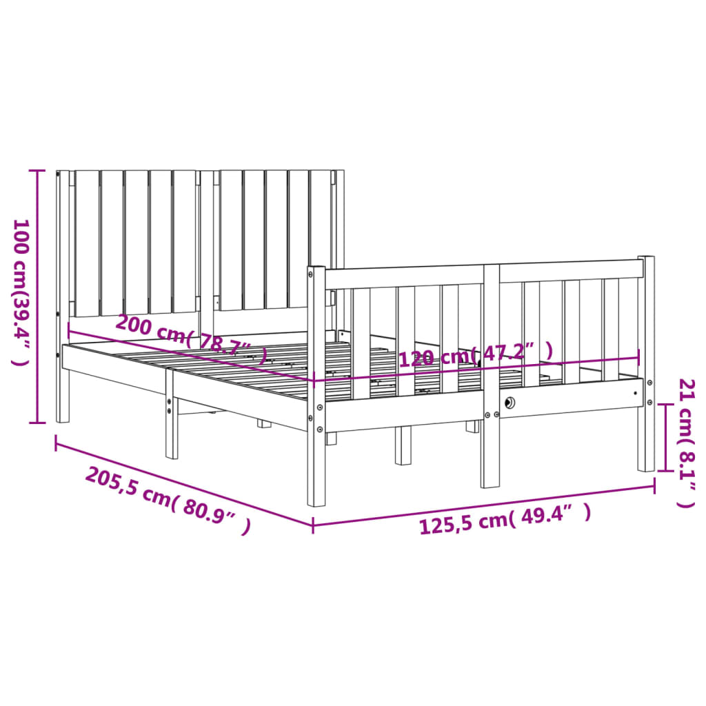 vidaXL Bedframe met hoofdbord massief hout zwart 120x200 cm