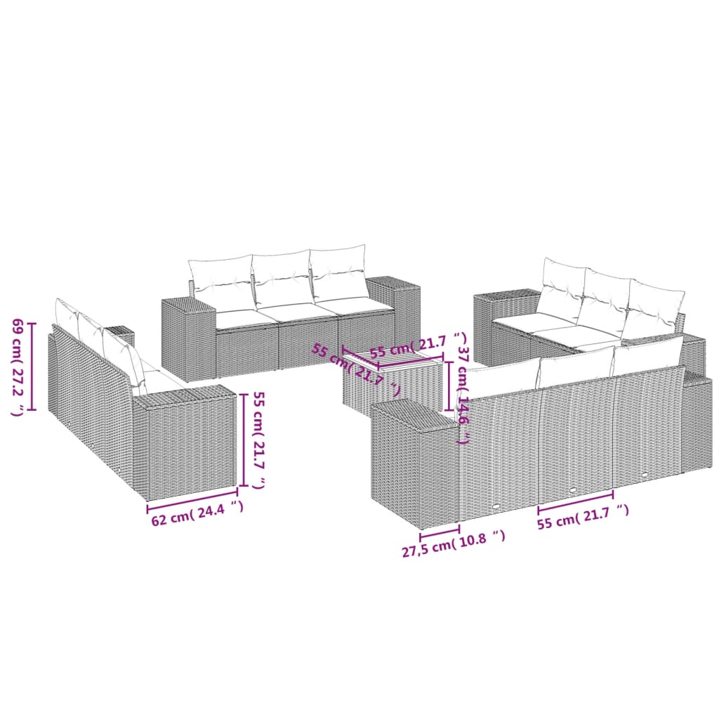 vidaXL 13-delige Loungeset met kussens poly rattan grijs