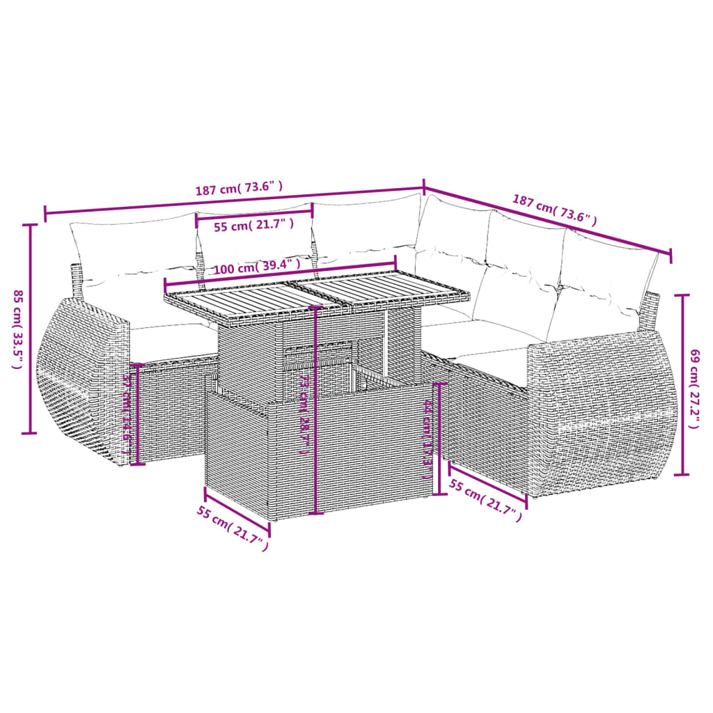 vidaXL 6-delige Loungeset met kussens poly rattan zwart