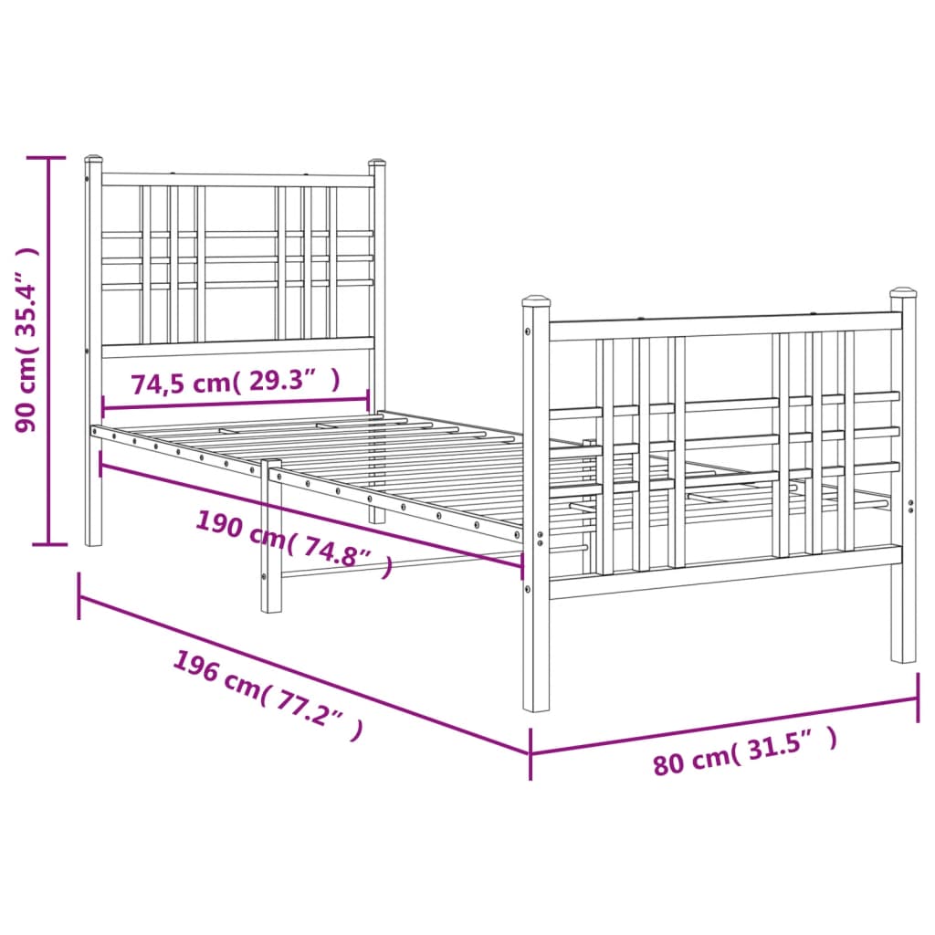 vidaXL Bedframe met hoofd- en voeteneinde metaal wit 75x190 cm