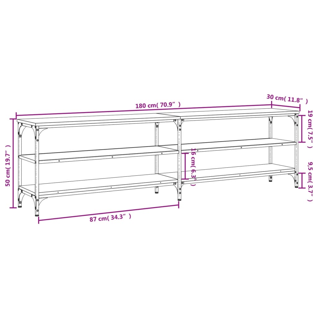 vidaXL Tv-meubel 180x30x50 cm bewerkt hout metaal grijs sonoma eiken