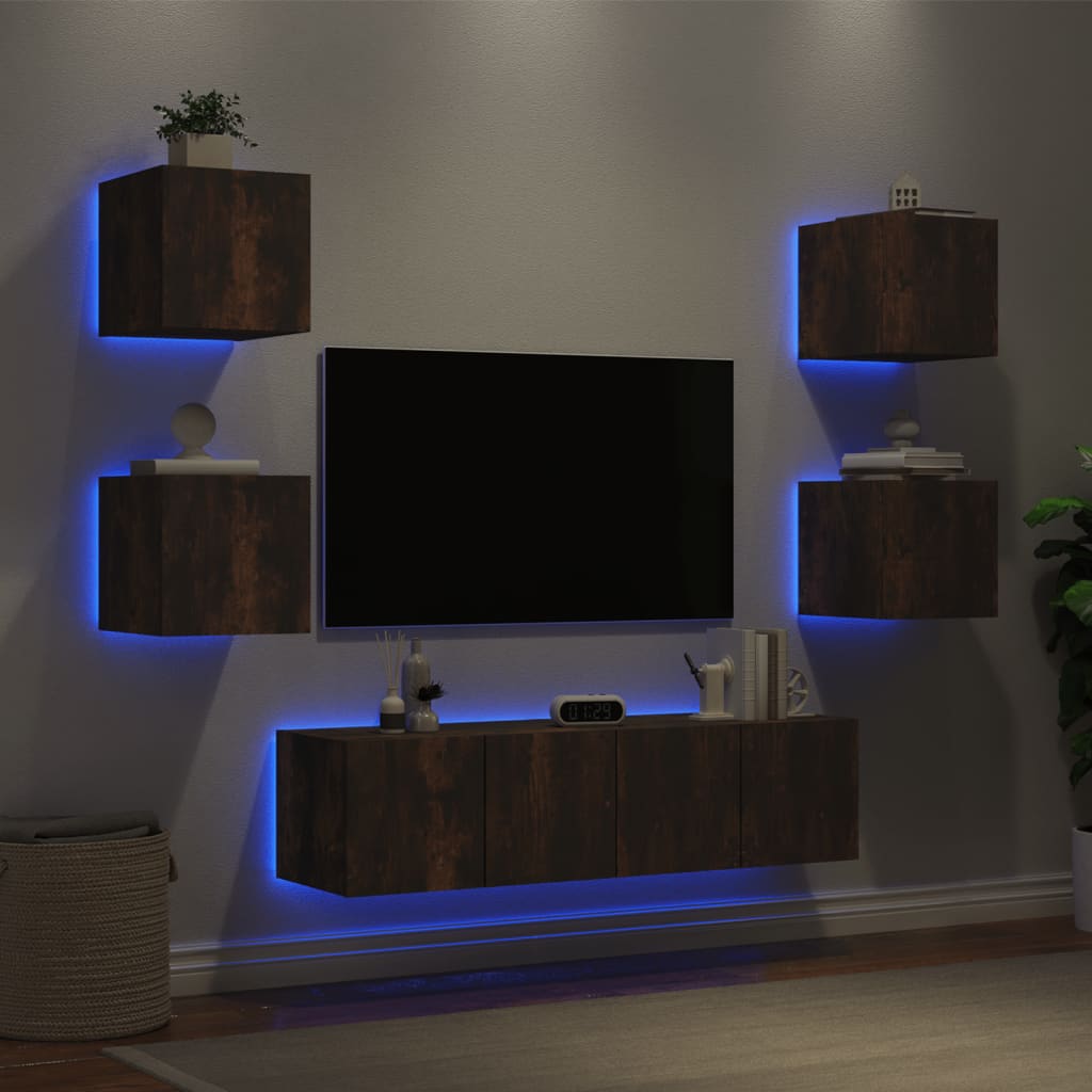 vidaXL 6-delige tv-wandmeubelset met LED bewerkt hout gerookt eiken