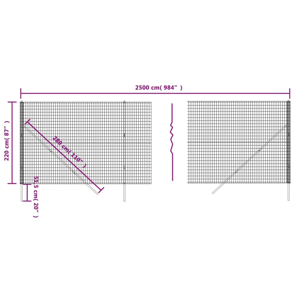 vidaXL Draadgaashek 2,2x25 m gegalvaniseerd staal antracietkleur