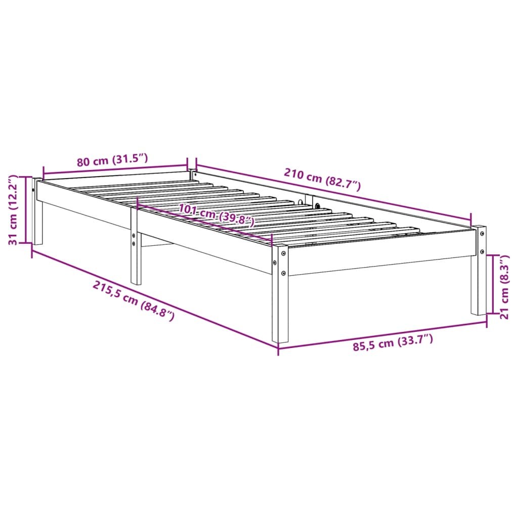 vidaXL Bedframe extra lang zonder matras massief grenenhout 80x210 cm