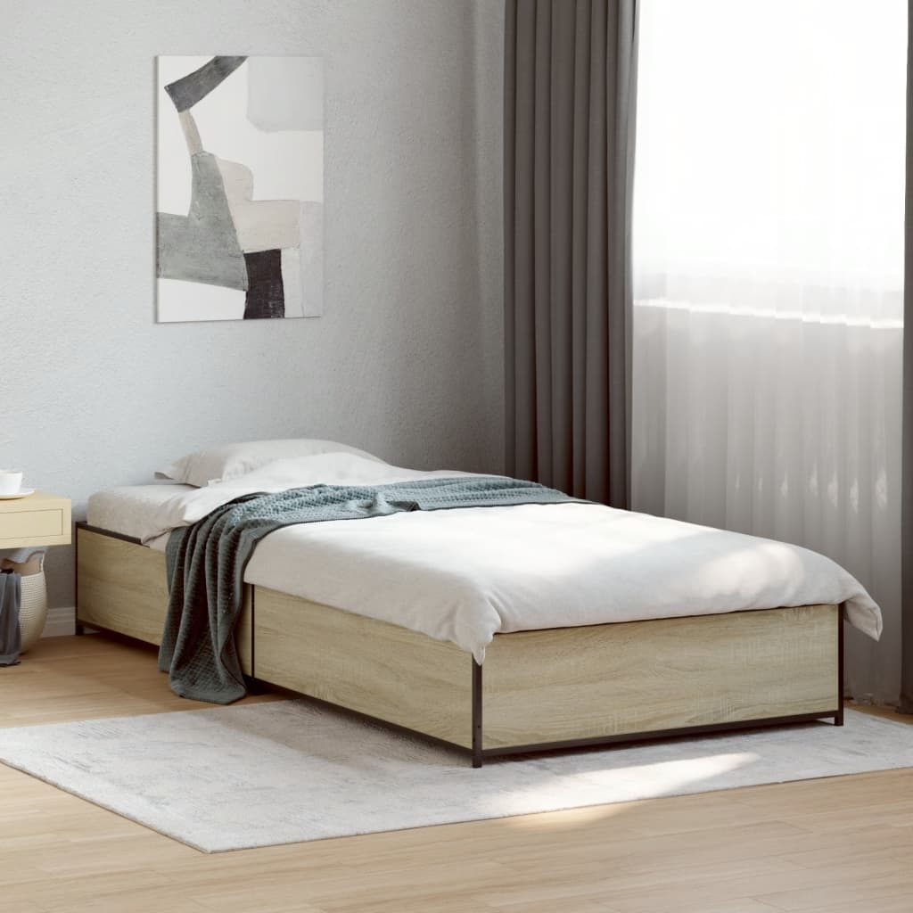 vidaXL Bedframe bewerkt hout en metaal sonoma eikenkleurig 90x190 cm