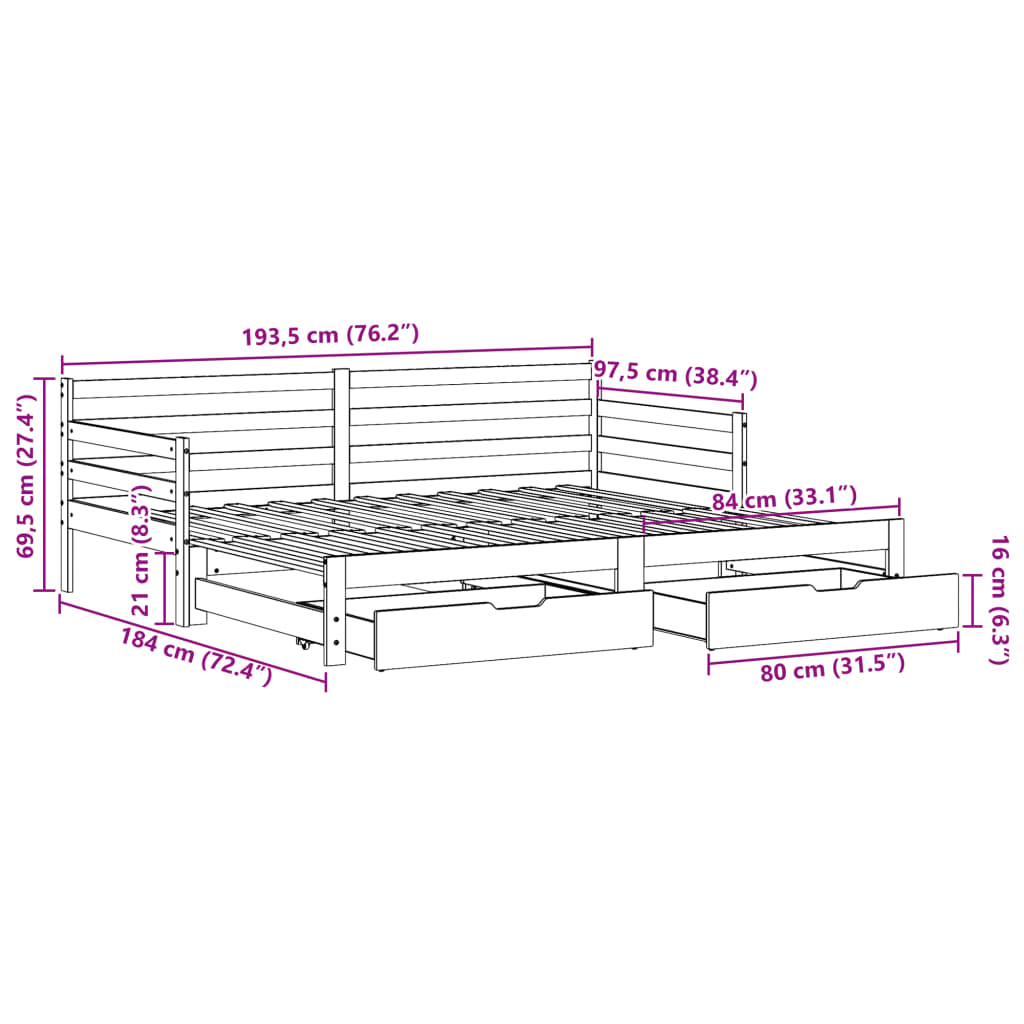 vidaXL Slaapbank met onderschuifbed en lades 90x190 cm grenenhout wit