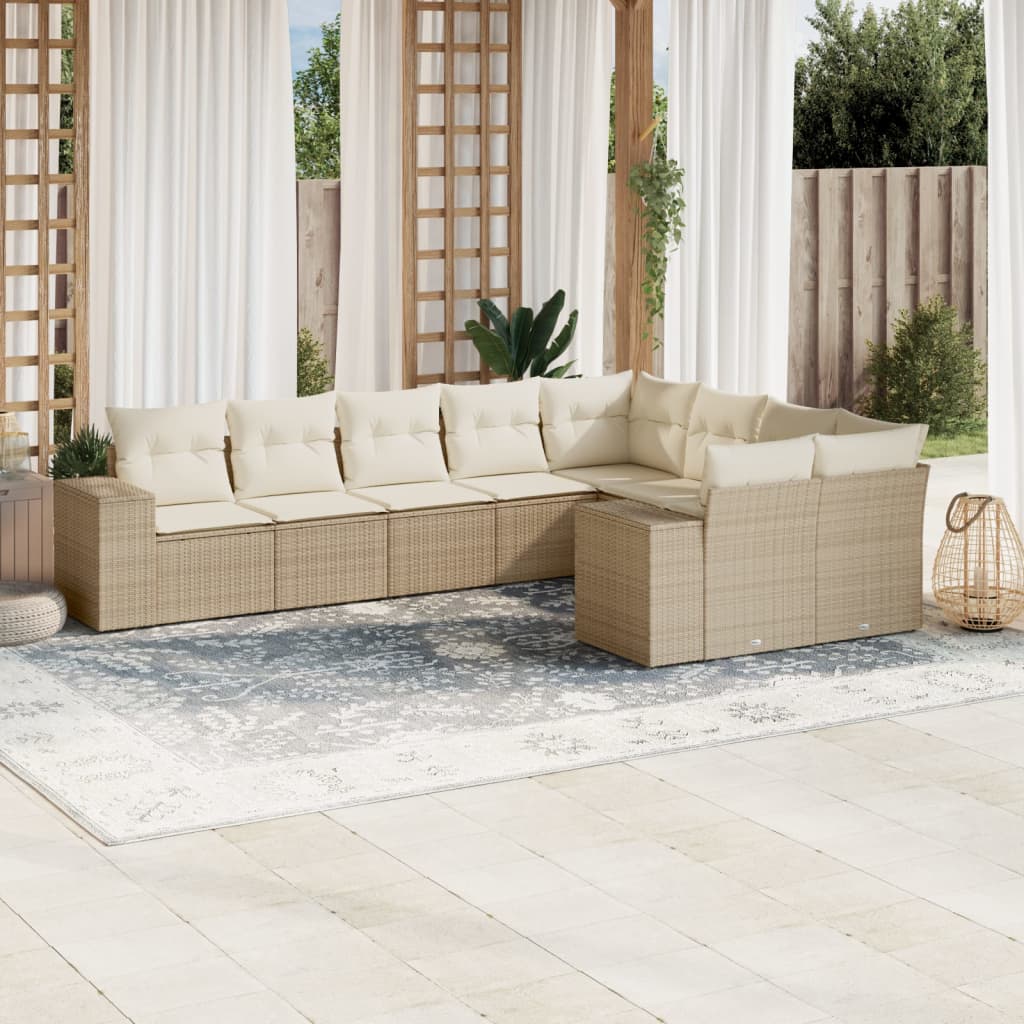 vidaXL 9-delige Loungeset met kussens poly rattan beige