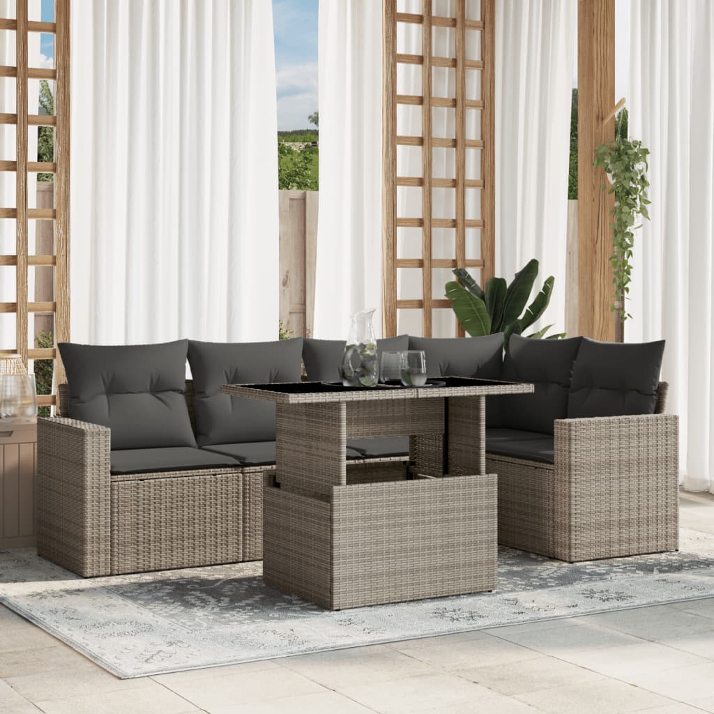 vidaXL 6-delige Loungeset met kussens poly rattan lichtgrijs