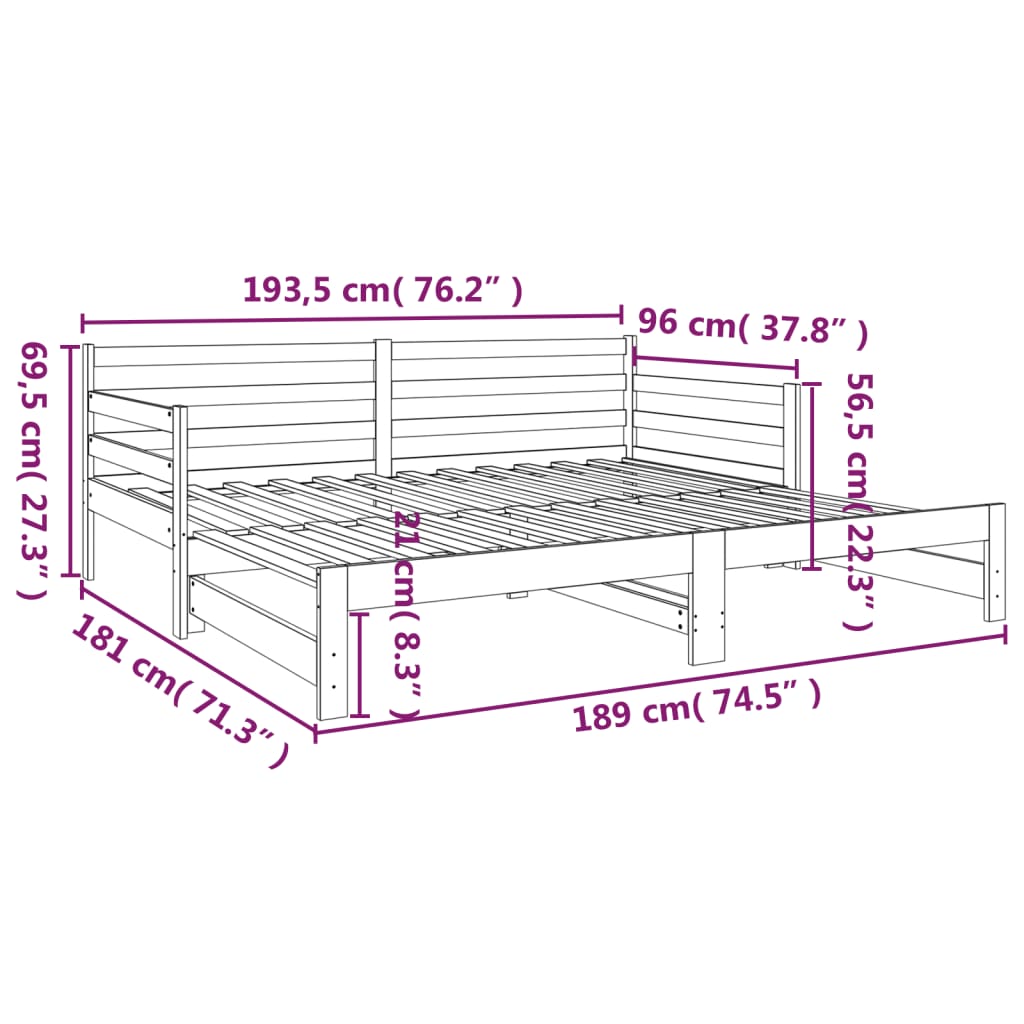 vidaXL Slaapbank uitschuifbaar massief grenenhout grijs 2x(90x190) cm