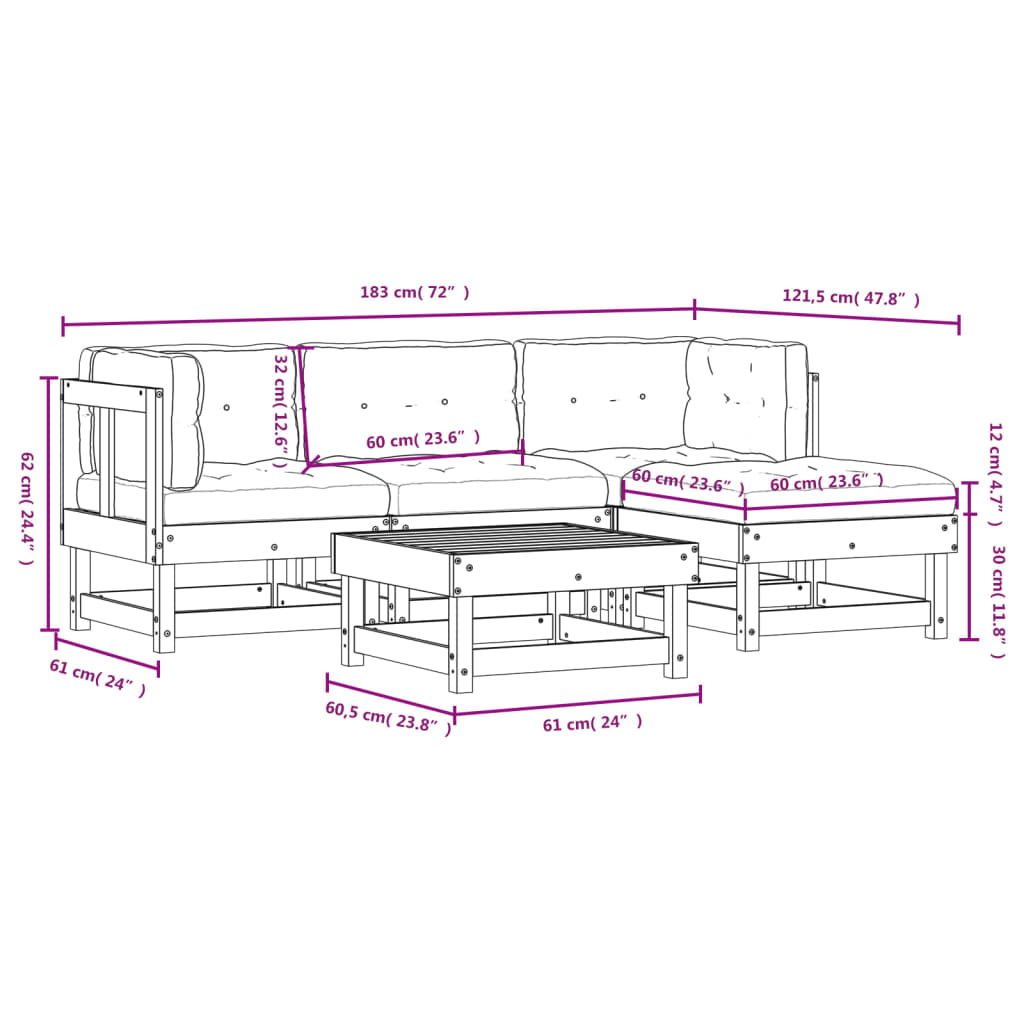 vidaXL 5-delige Loungeset met kussens massief hout wit