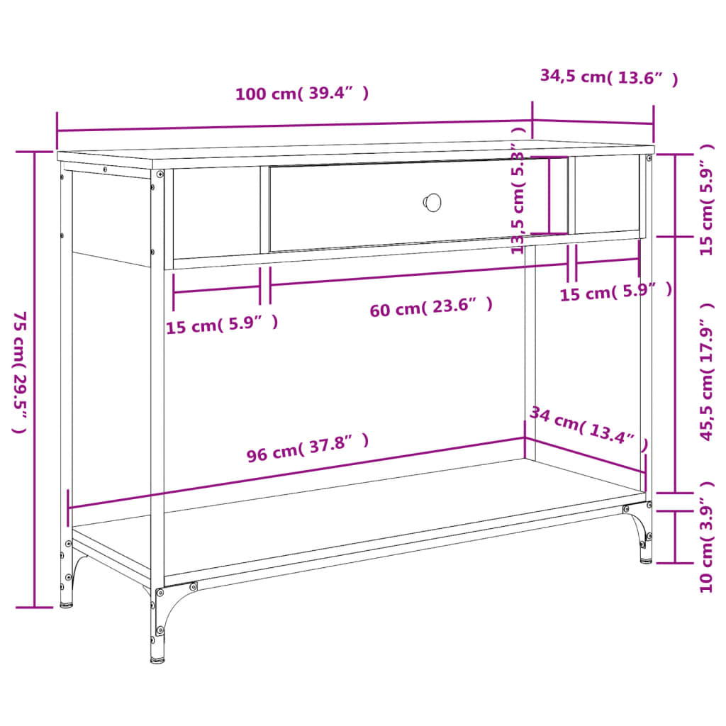 vidaXL Wandtafel 100x34,5x75 cm bewerkt hout grijs sonoma eikenkleurig